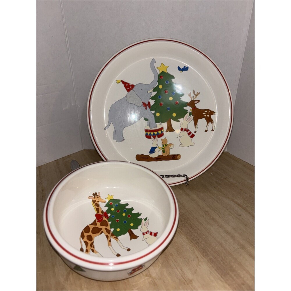 Vintage Mikasa Christmas Fun Plate And Bowl Set Elephant Deer Rabbit Tree Giraff